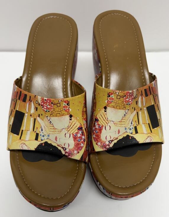 ICON Shoes - Icon Art Mules Wedge Slide Sandal Size 8 Gustav Klimt's Print The Kiss